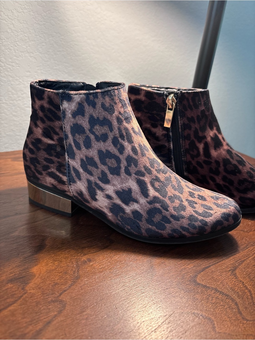 BAMBOO Leopard Print Ankle Booties in Brown and Black